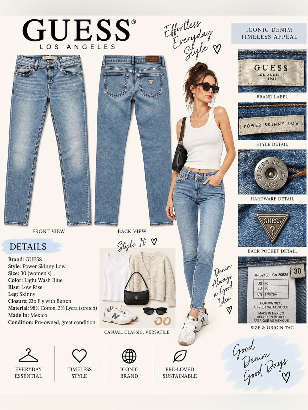 GUESS Light Wash Blue Power Skinny Low Rise Jeans